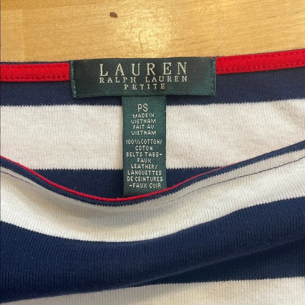 Lauren Ralph Lauren Petite Striped 3/4 Sleeve Striped Belted Dress - Picture 3 of 6